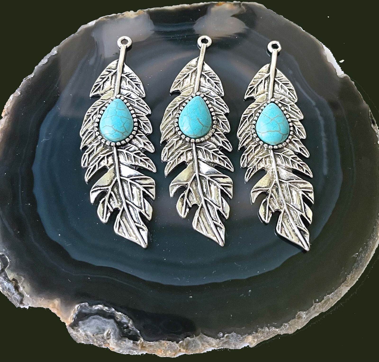 70x21mm Antique Silver Pewter / Alloy Blue Turquoise Glass Enamel Leaf Pendant