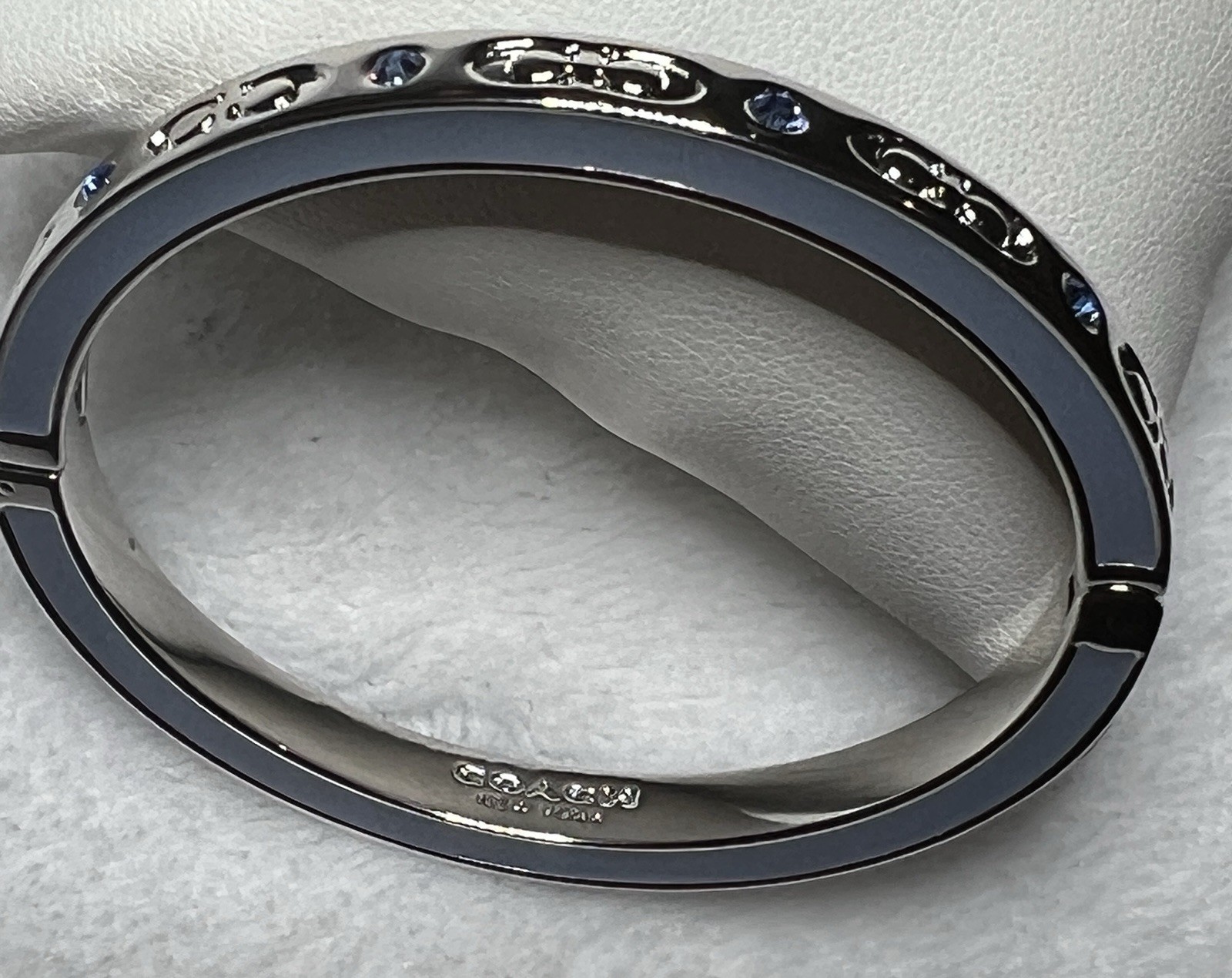 Coach Kissing C Hinged Bangle Bracelet Silver with Pool Crystal Accents – F59083