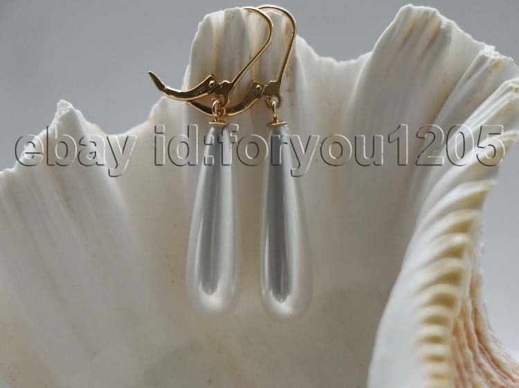 Natural 8.5x30mm White Drip Shell Pearl Earrings Dangle 14k #f3369!