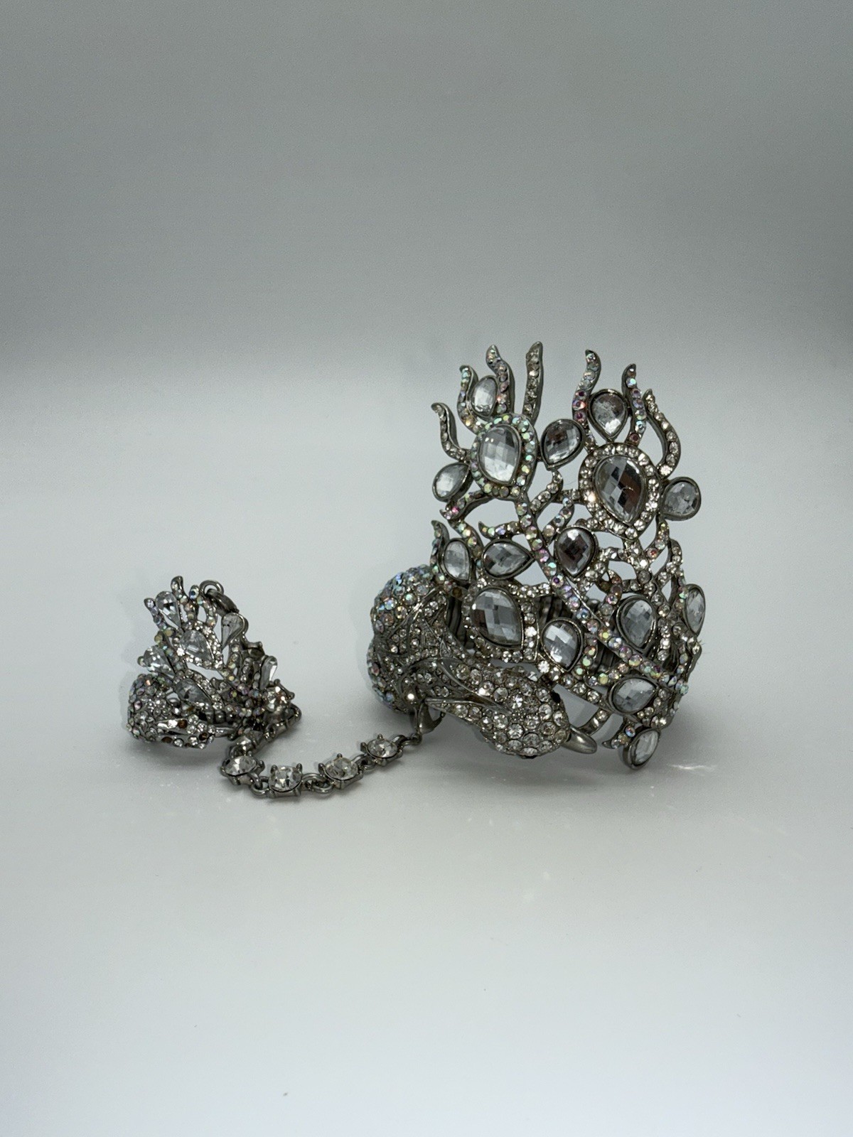Peacock Rhinestone Hand Chain Bracelet Ring Silver Tone Statement Costume Jewerl