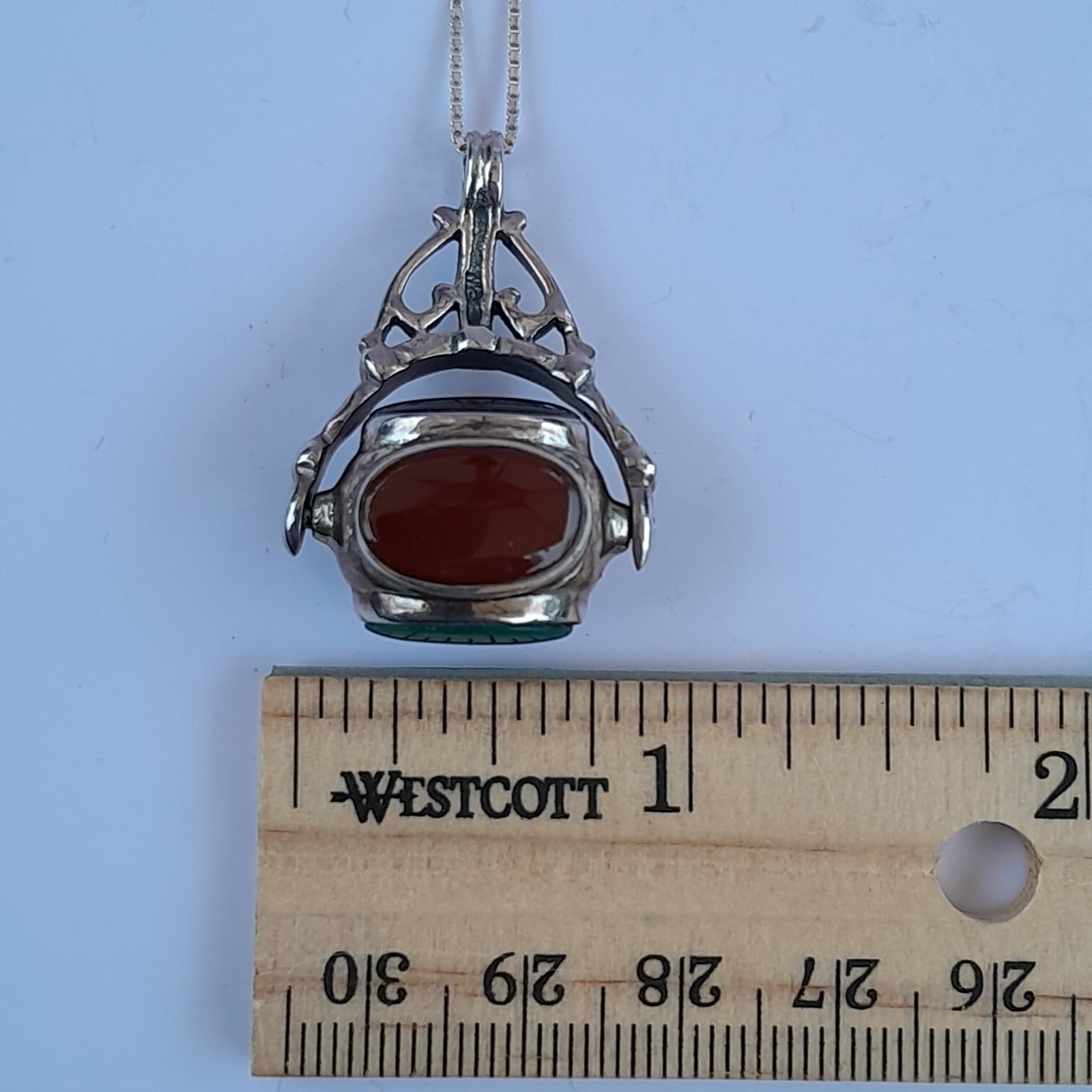 Vtg Sterling Silver Four-Sided Spinner Fob Pendant Necklace Red Black Stone 925