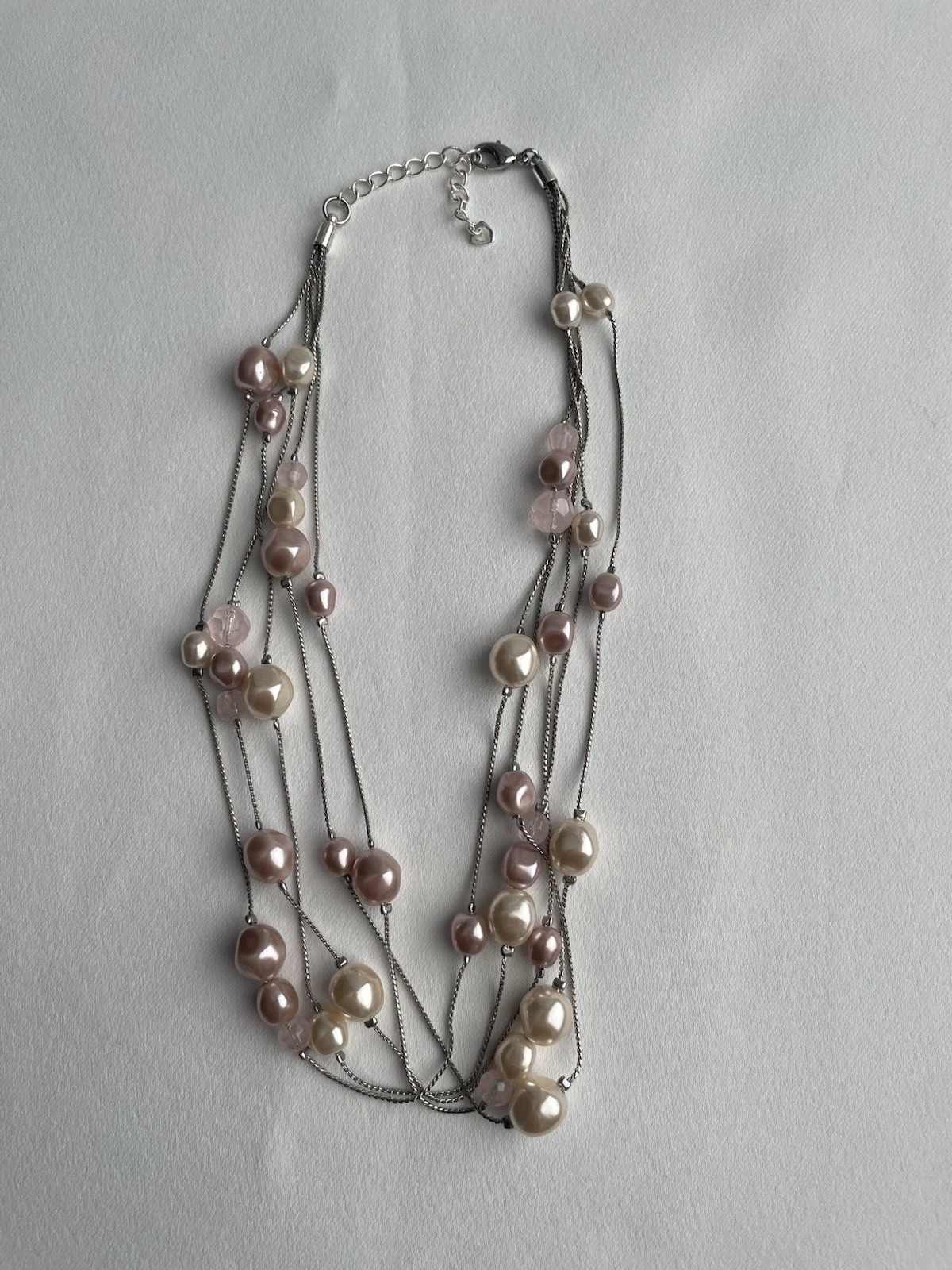 5 strand necklace faux pearl white pink silver tone chains bridal elegant