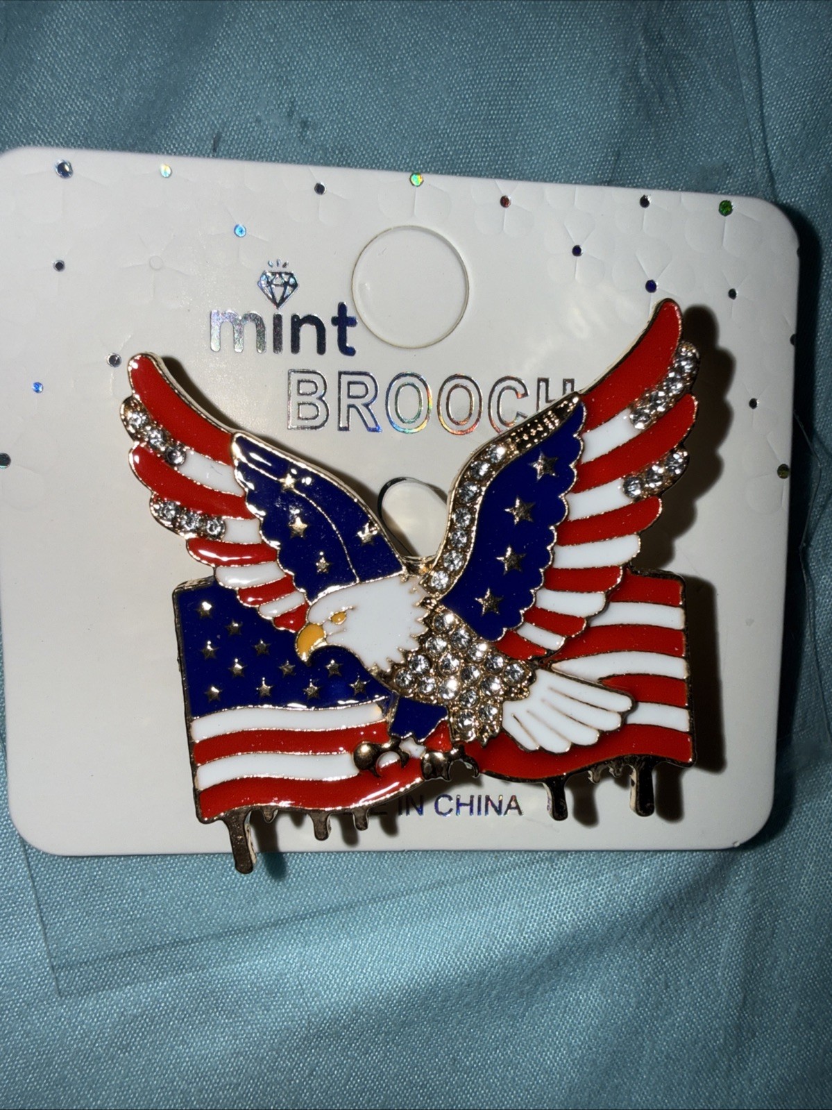 Gold Red White & Blue Rhinestone Crystal Eagle Pin Americana Patriotic New