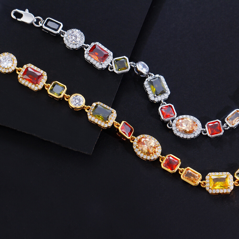 Women Boho Gold Plated Colorful Cubic Zirconia Chain Bracelet Party Jewelry Gift
