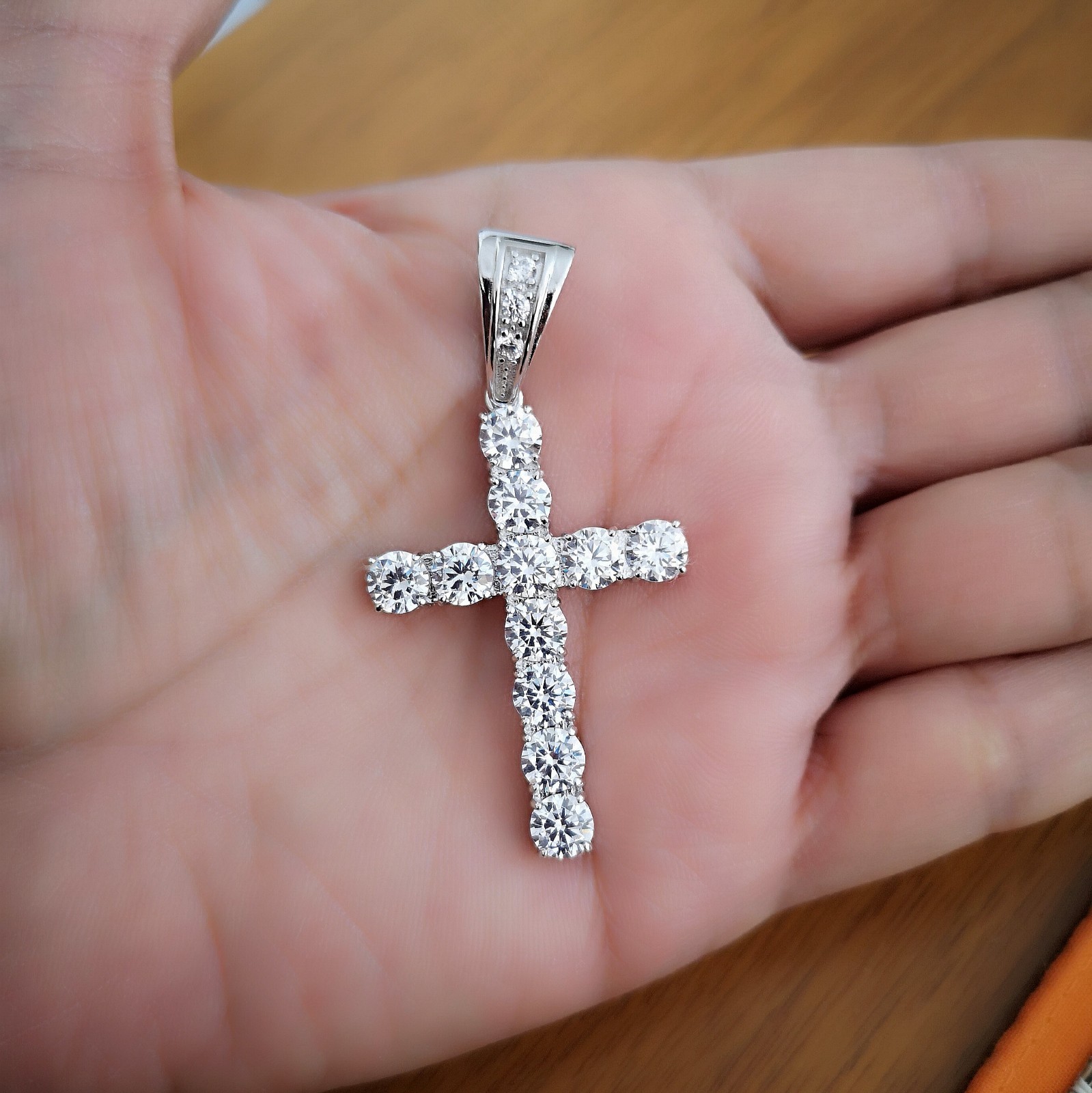 Real Solid Silver/ 14K Gold Plated 10 Ct Simulate Diamond Cross Pendant Necklace