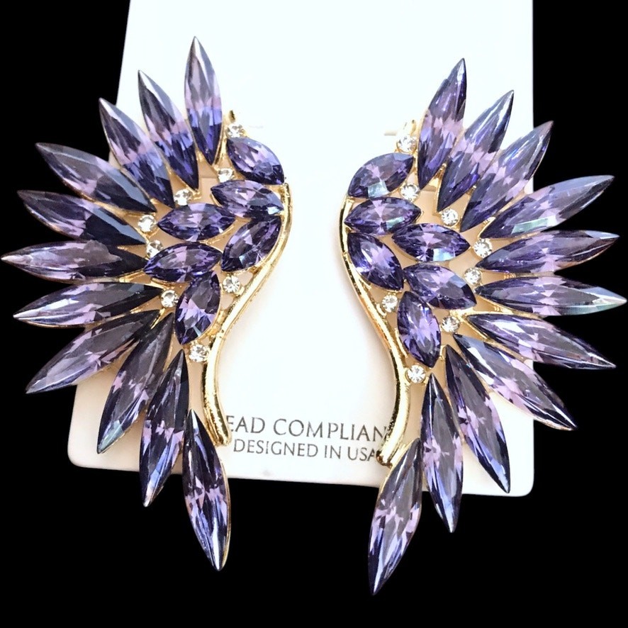 NEW purple rhinestone wing earrings – gold tone, post-back