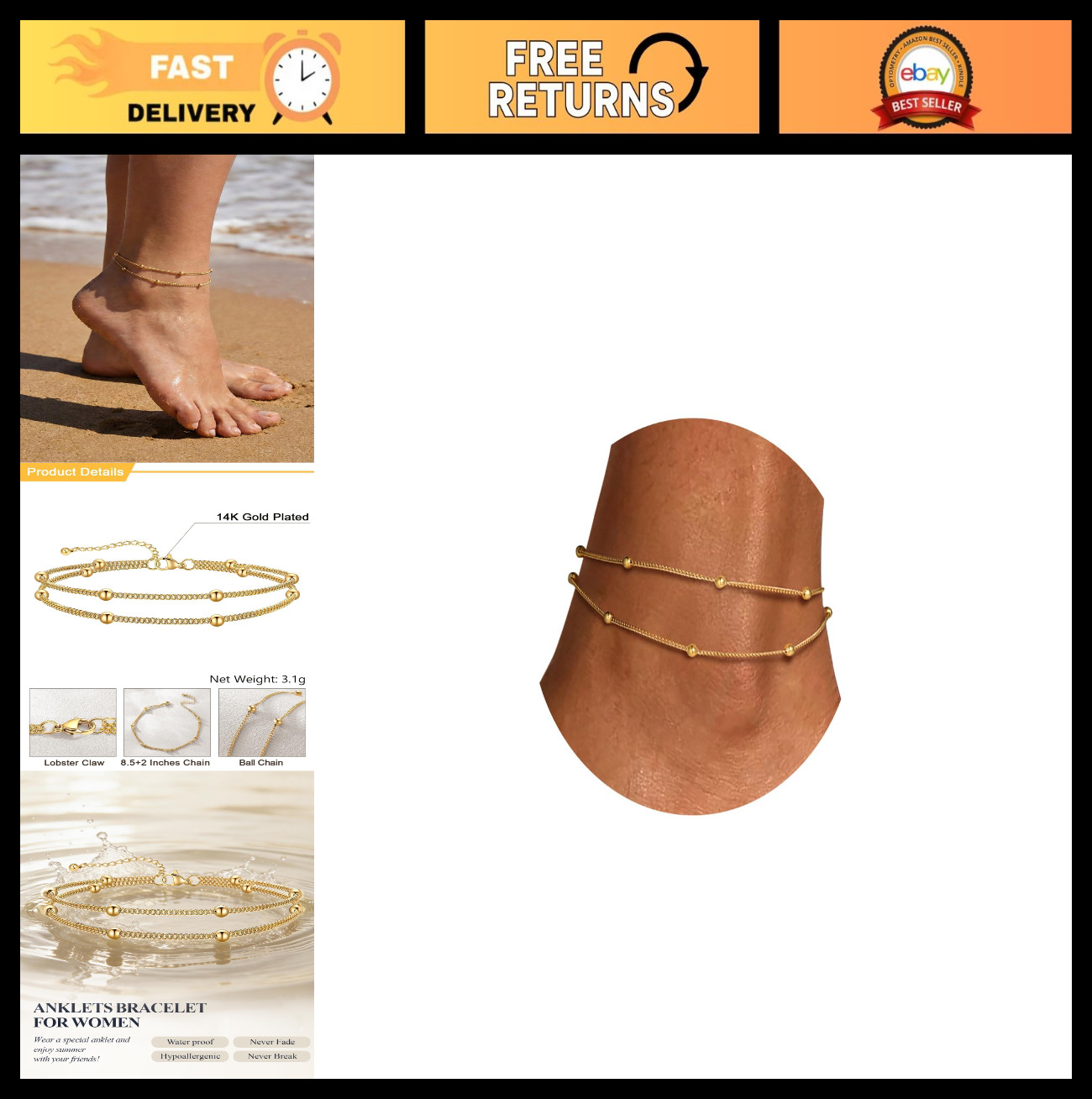 Waterproof Layered Chain Ankle Bracelets for Women – Adjustable Stainless Steel