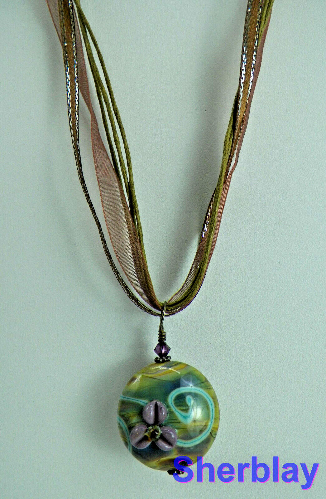 Fashion Jewelry MultiColor Round Art Glass Pendant Cord Lace Statement Necklace