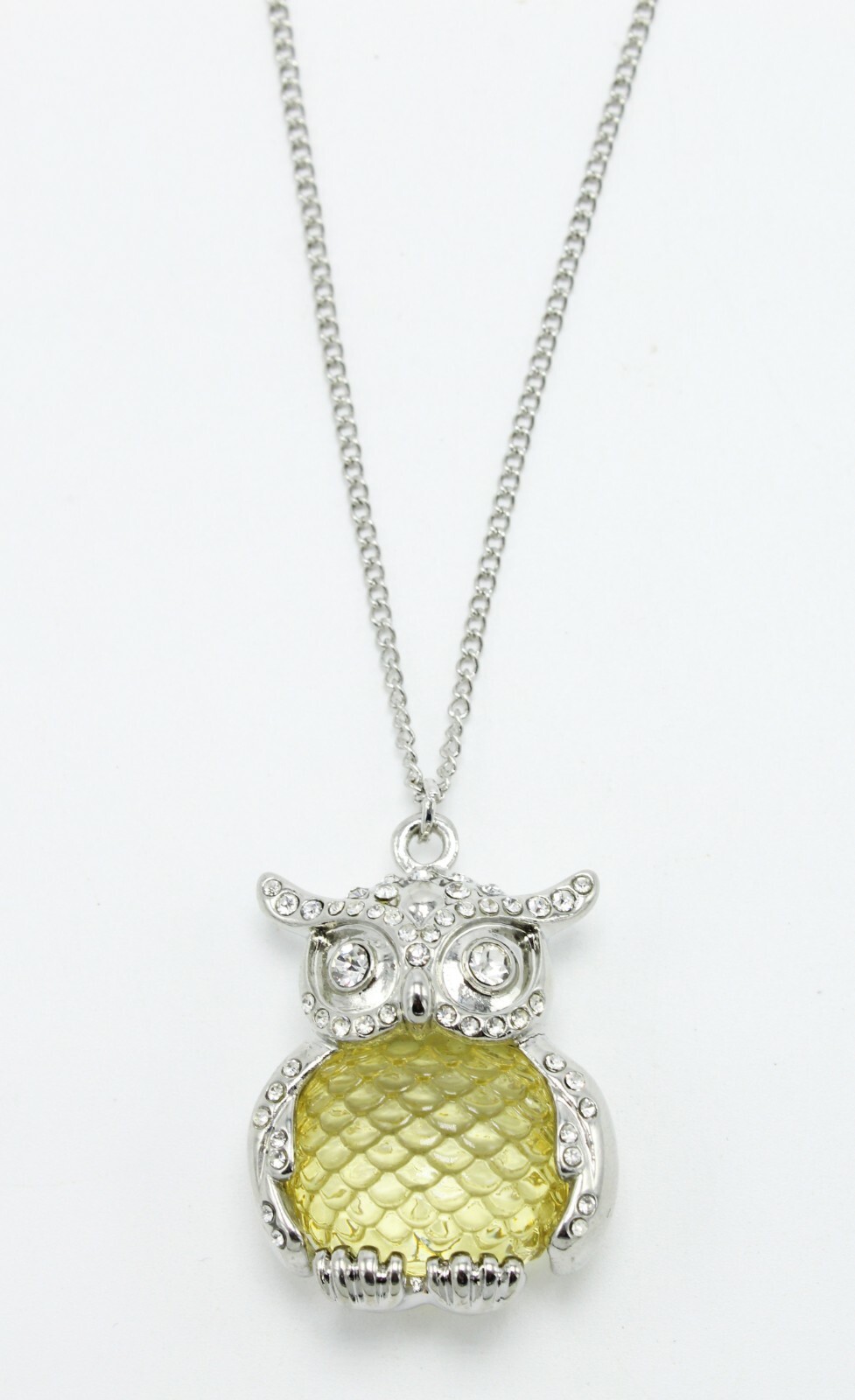 New Silver Owl Necklace with Glass Body and Rhinestones #N1026