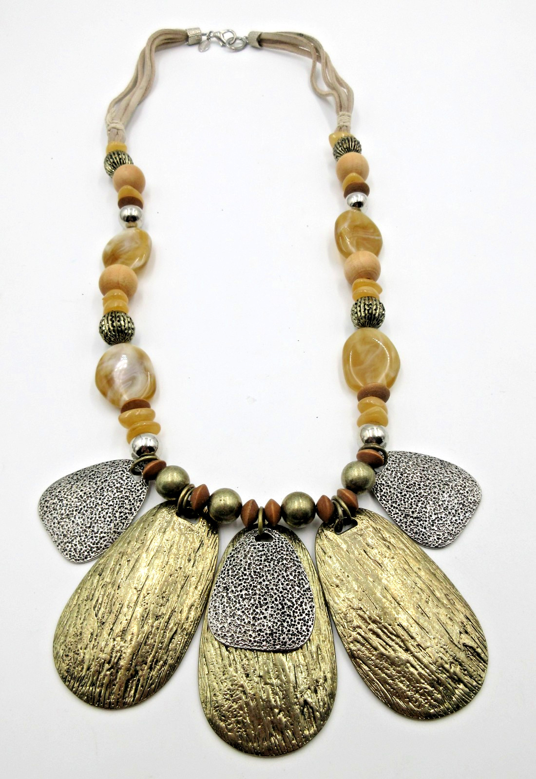 CHICOS MODERN VTG ? 29″ Long brown gold Silver tone mtl chunky Pendant Necklace