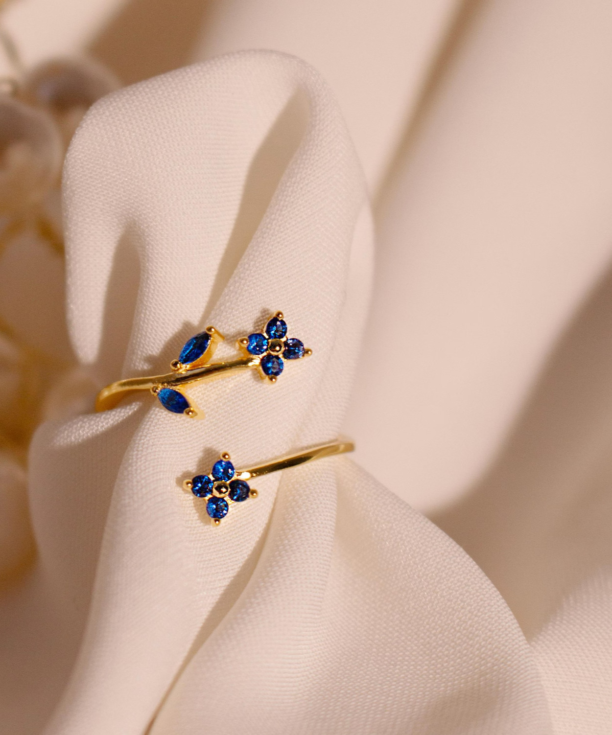 leaf shape ring blue Sapphire ring Floral jewelry gold plated 925 silver ring