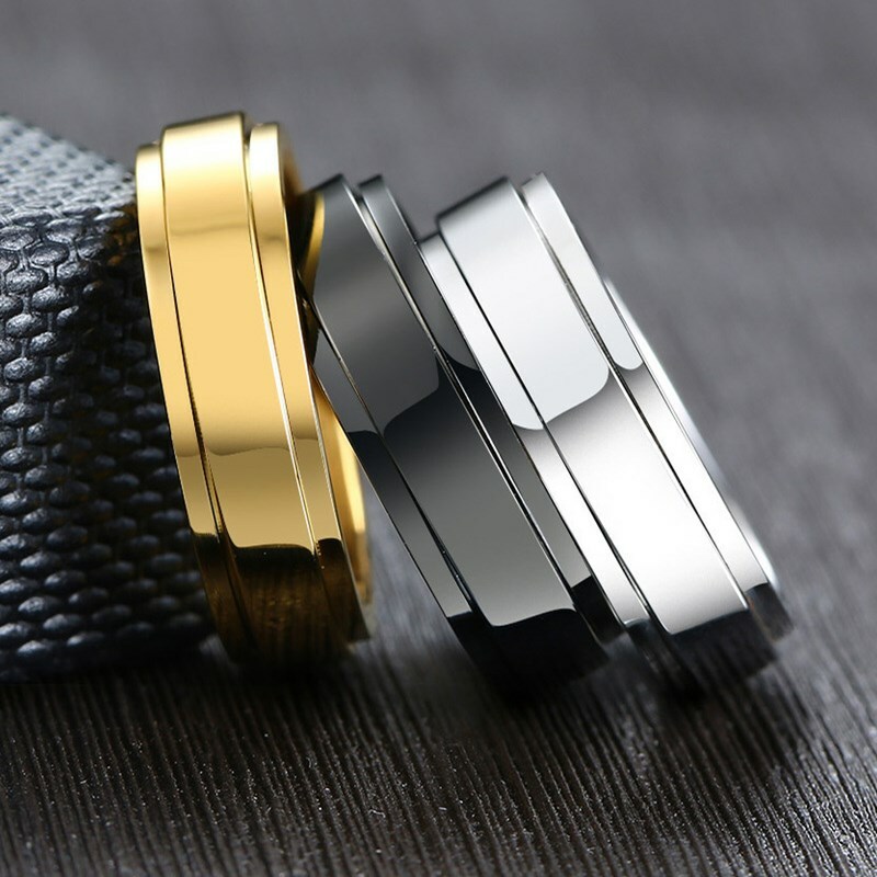 Black/Gold/Silver Spinner Polished Band 6MM Women Stainless Steel Ring Size 5-11