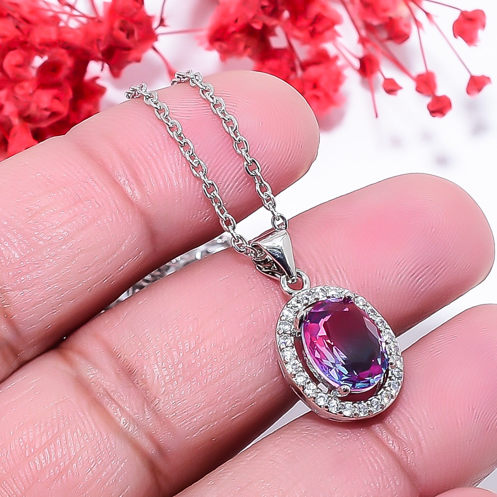 Pink & Purple Bi-Colour Tourmaline & Cz 925 Silver Pendant Chain 18-20″ CP6030