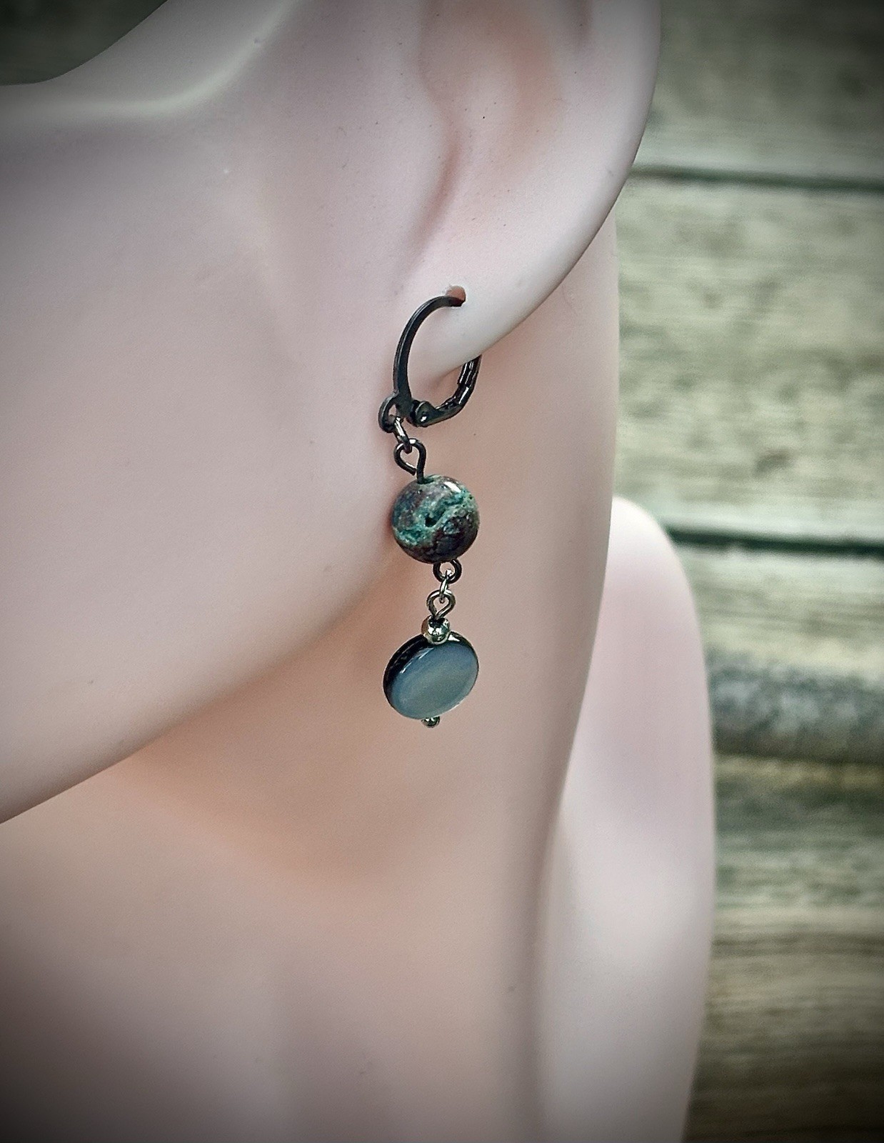 Silver Tone Opal Dangle Drop Earrings Hook Closure Round Black Blue White