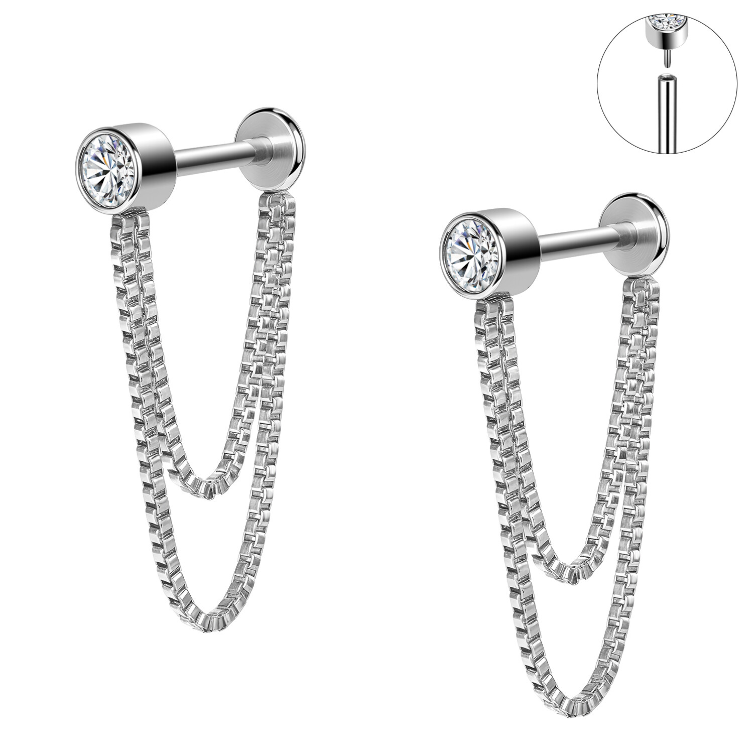 16G Stainless Steel Stud Earrings with Chain Crystal Cartilage Earrings Jewelry