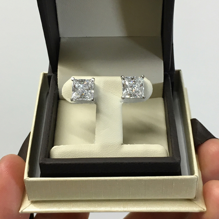 6ct. Princess White Diamond Stud Earrings Brilliant Cut Man Made 14K Solid Gold