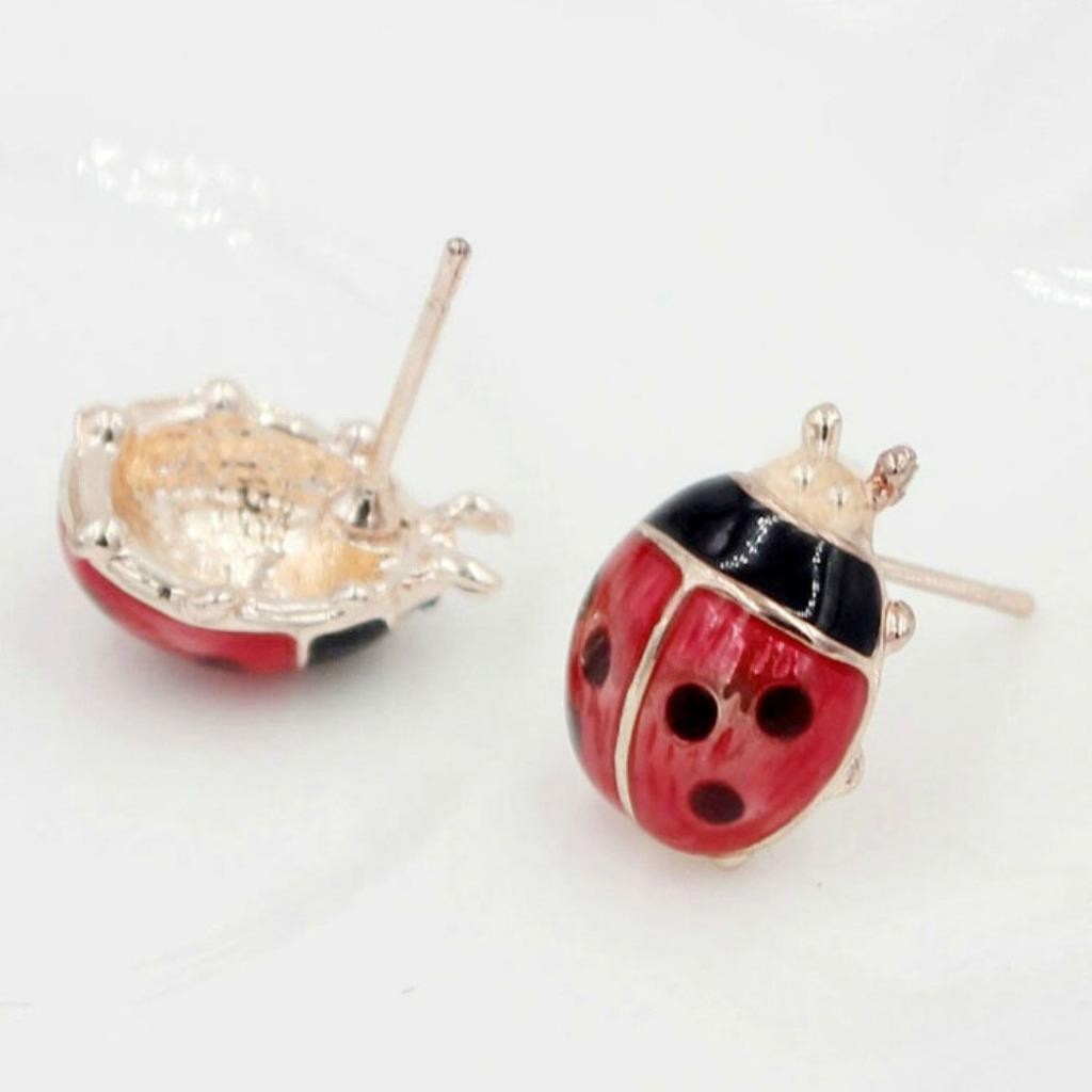 CUTE LADYBUG EARRINGS 0.5″ Small Red Black Enamel Insect Girl’s Gift Gold Plate