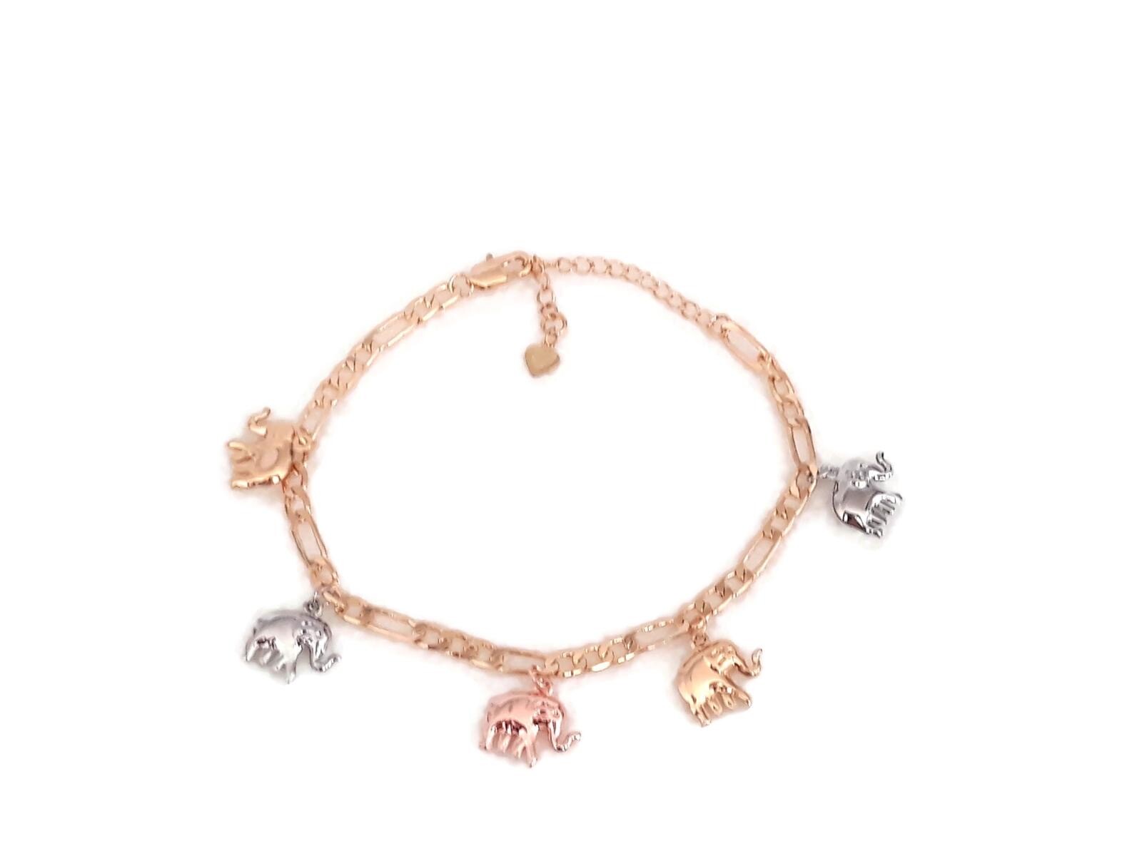 Elephant Ankle Bracelet tri color elephant charm 10” adjustable to 8”