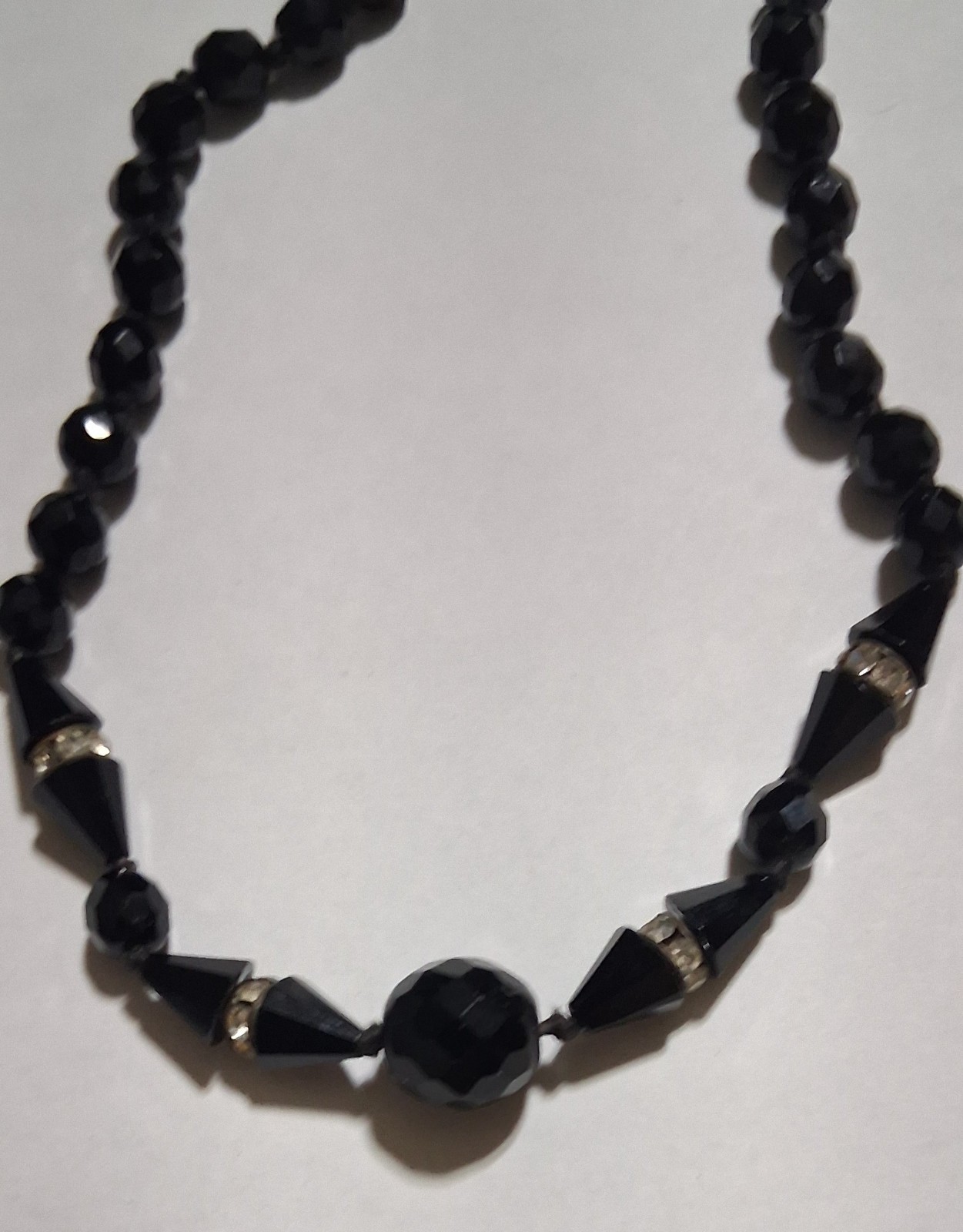 Deco Necklace VTG Austrian Crystal Black Faceted Beads wt Rhinestone Spacers
