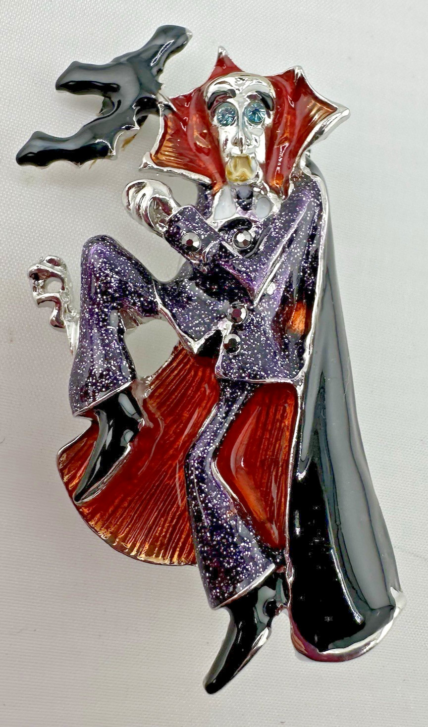 Halloween Vampire Dracula Bat Brooch Pin Glitter Enamel Gothic Rhinestone Boo