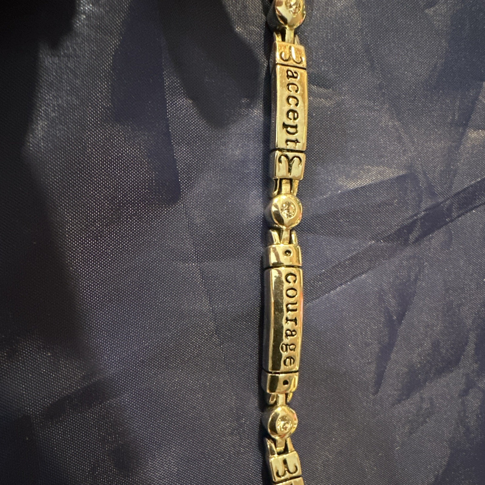 Gold Tone Link Charm Bracelet Serenity Accept Courage Wisdom Clear Crystal