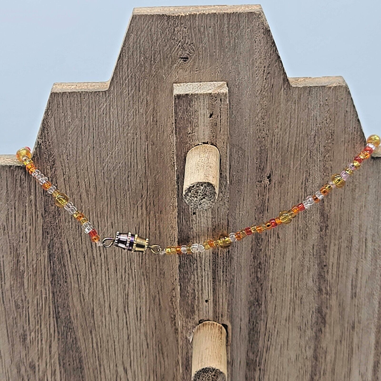 Orange, Yellow & Clear Seed Bead Necklace w Multi-Color Swirled Glass Pendant