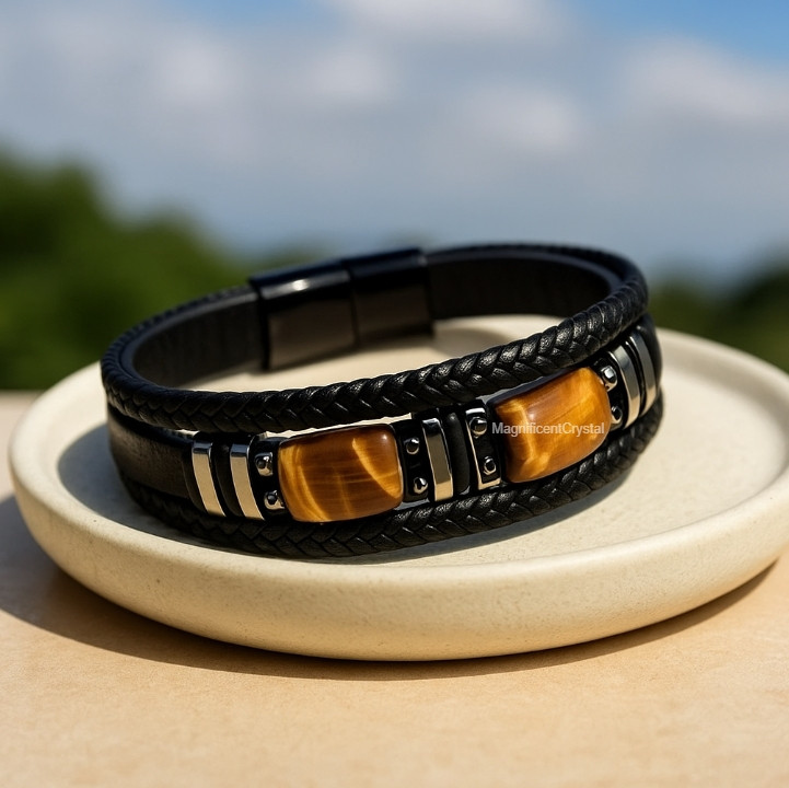 Black Leather Tiger Eye Stone Bracelet Men Jewelry Luxury Gift Healing Gemstones