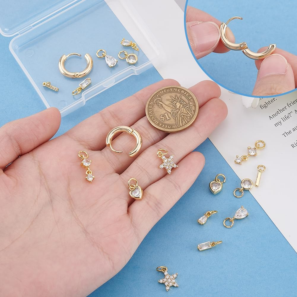 PH Pandahall 9 Pairs 18K Gold Plated Huggie Earrings and Charm Set for Women Gol