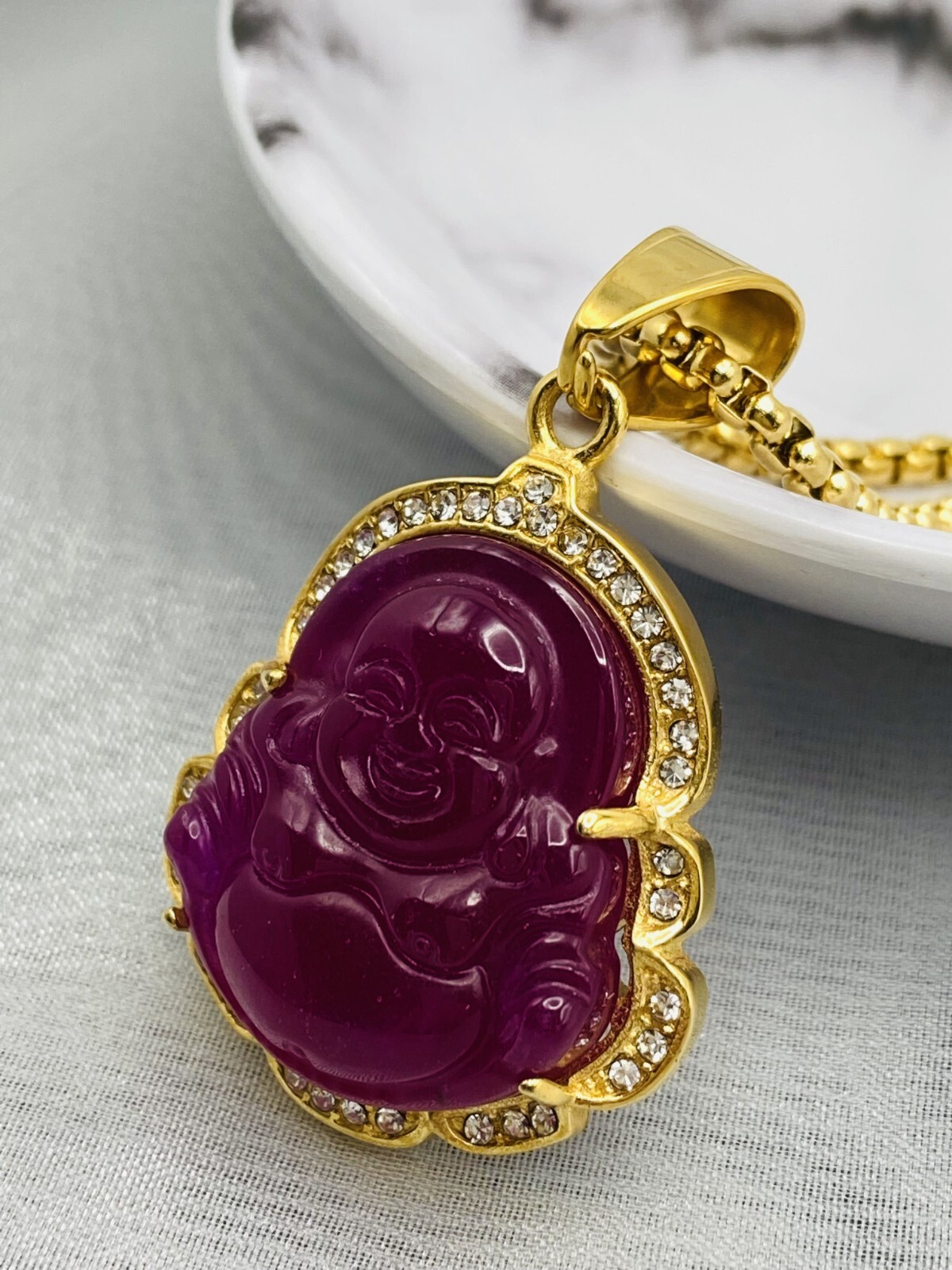 Jade Buddha Pendant Necklace W/ 18K Gold Plated Crystal Charm Hip Hop Chain