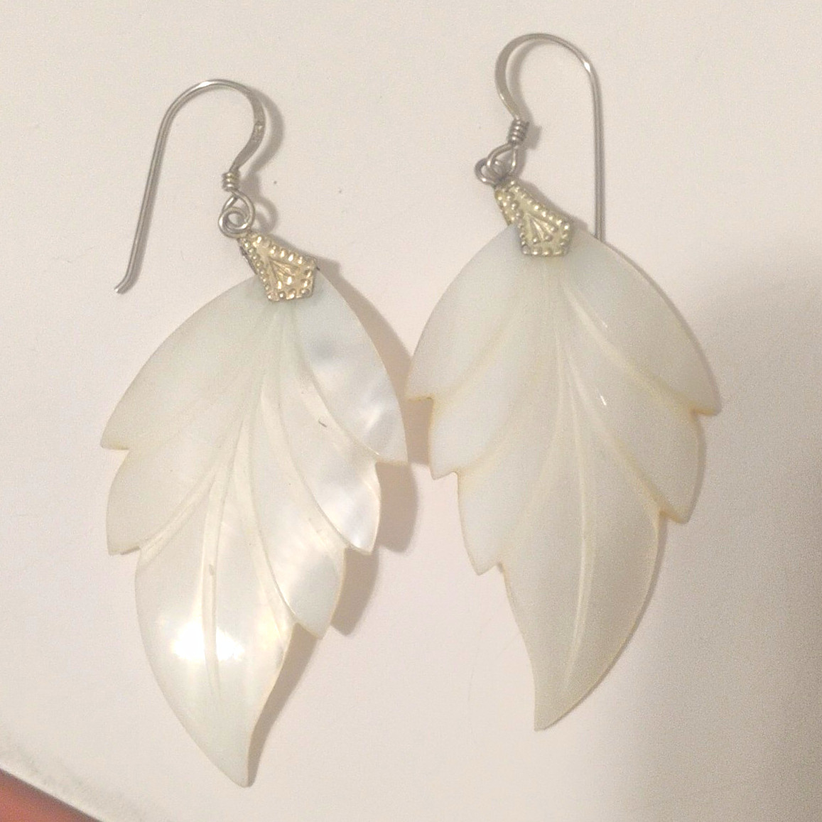 Mother of Pearl/Abalone Leaf Dangle/Drop Earrings Hook Closure White 925 Silver