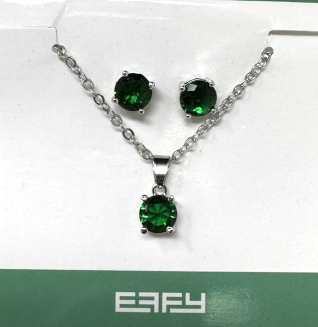 EFFY EMERALD GREEN CRYSTAL NECKLACE & EARRINGS WITH SILVER TONE LINK CHAIN