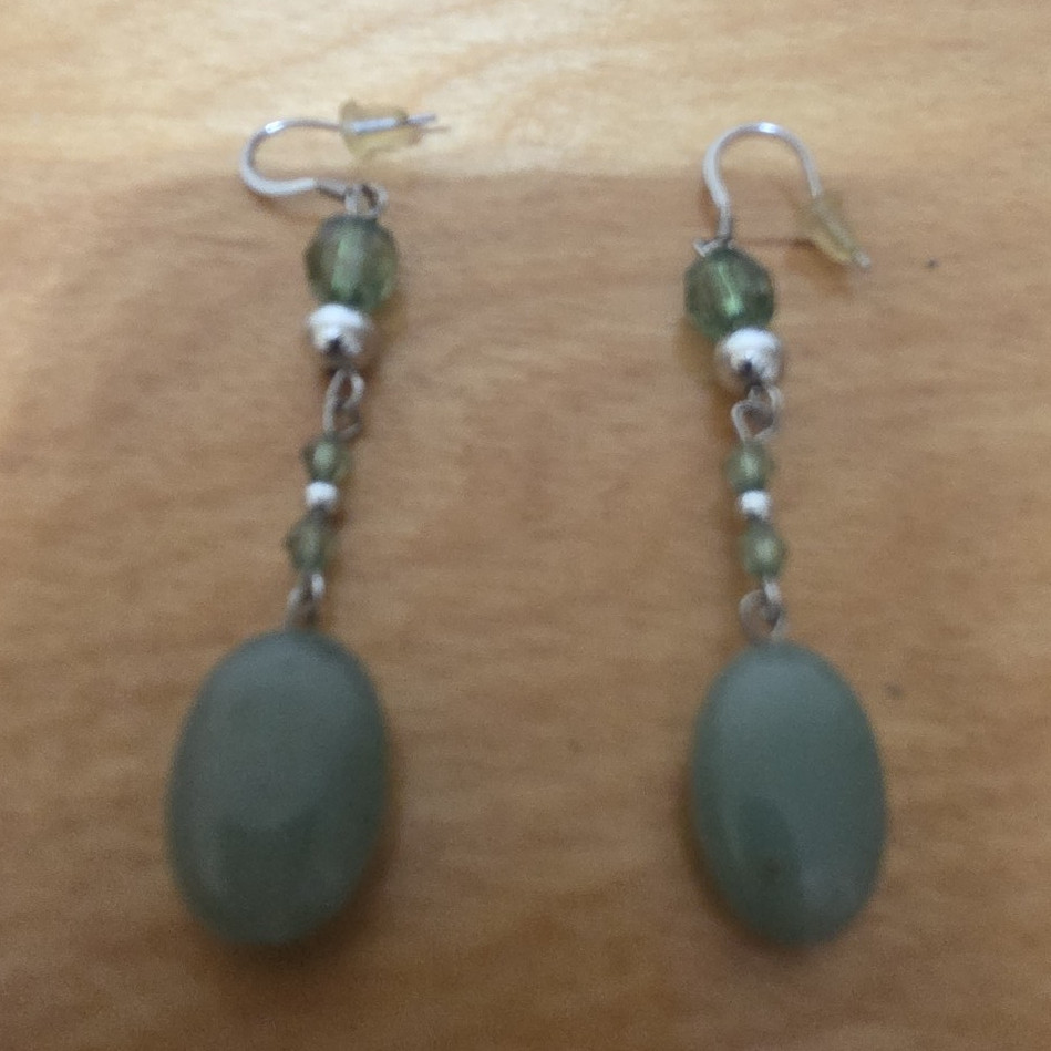 Green Teardrop Beaded Dangle/Drop Earrings, Stone & Metal Hook Closure