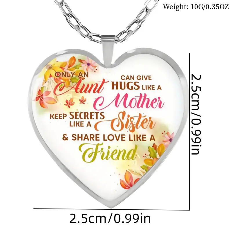 Creative Flowers & Text Pattern Heart-shaped Glass Pendant Necklace