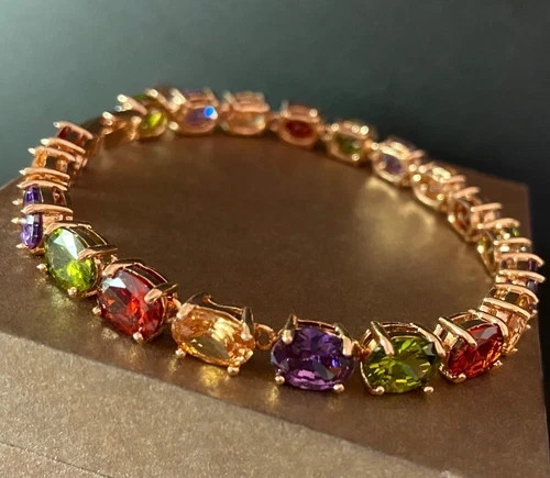 27 CTW Multicolor Gemstone Tennis Bracelet 18K Rose Gold Plated Women Jewelry