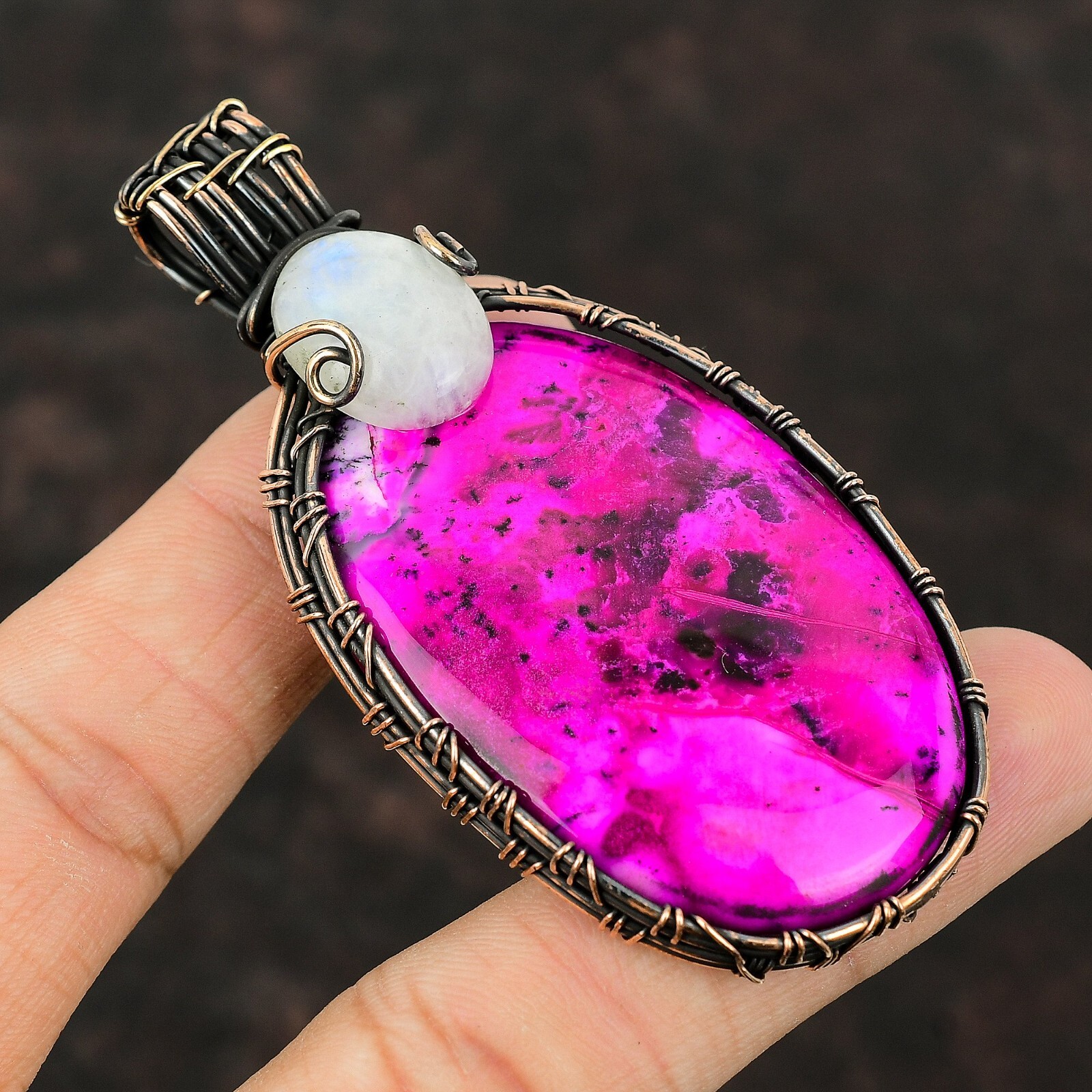 Pink Dendrite Opal Wire Wrapped Pendant Handcrafted Copper Ethnic Jewelry 3.15″