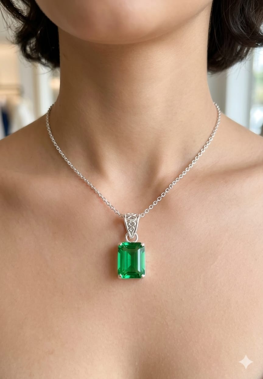 24.65 Ct Elegant Green Sapphire Pendant Jewelry –With Chain Emerald Cut Gemstone