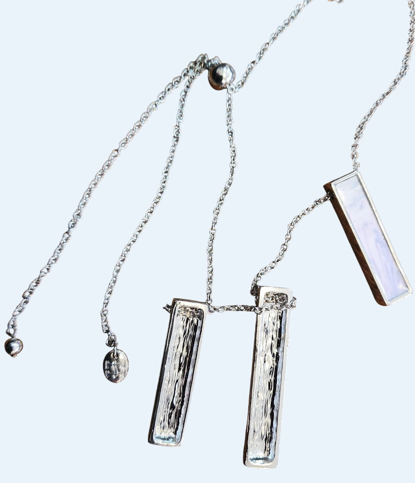 Howard Adjustable Silvertone Necklace With Opalescent Rectangle Beads 28″ Chain