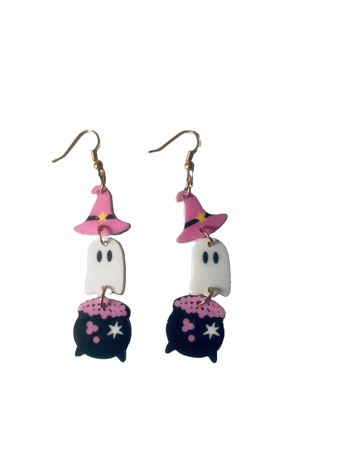 Halloween White Ghost Earrings Featuring Pink Witch Hat And A Black Caldron