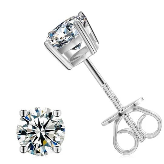 Round Simulated Diamond Stud Earrings Screw Back Silver Tone Prong Set