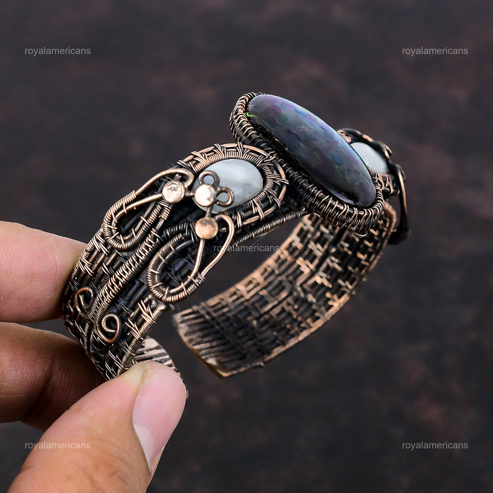 Natural Multi Fire Labradorite Rainbow Moonstone Art Deco Bangle Bracelet Copper