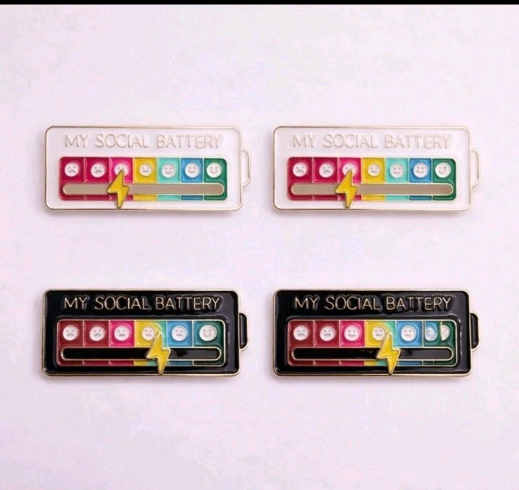 “My Social Battery” Enamel Metal Lapel Pin/Brooch 2-Pack White & Black