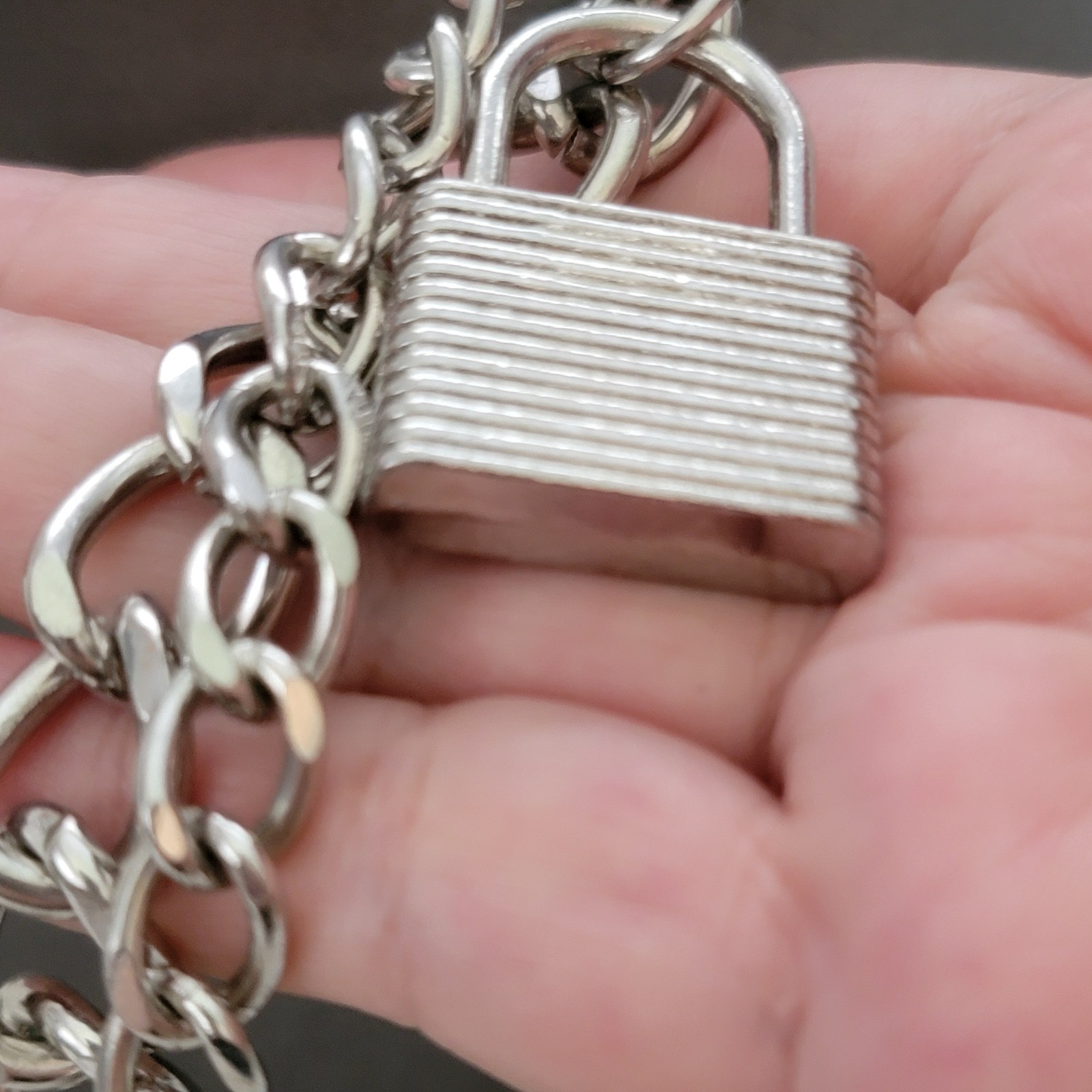 Biker Double Curb Link Silver Tone Chain Unisex Silver Padlock Necklace 19″ 13mm
