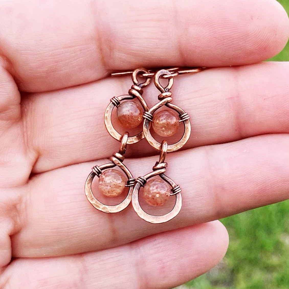 Hammered Copper Dangle Earrings Hoop Sunstone Crystals Wire Wrapped Jewelry