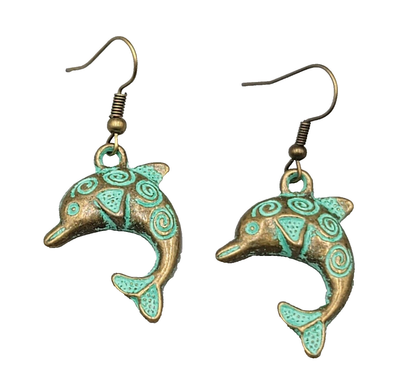 Dolphin Beach Sea life Pierced Earrings Bronze tone Green wash Dangle 1.25″