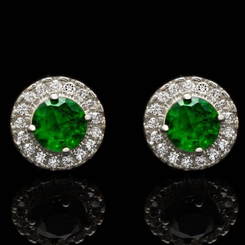 1Ct Emerald Round Simulated Diamond Halo Stud Earrings 14K White Gold