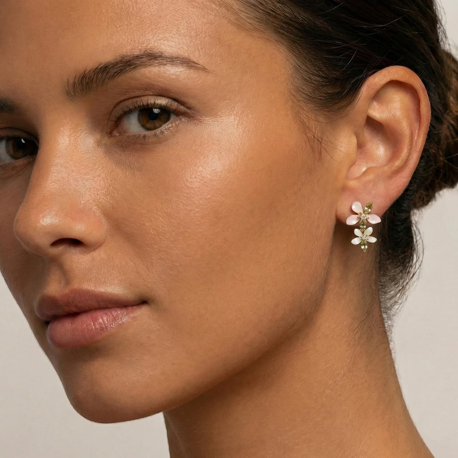 Double Flower Dangle Drop Stud Earrings for Women, Cute Pink White Leaf Floral R