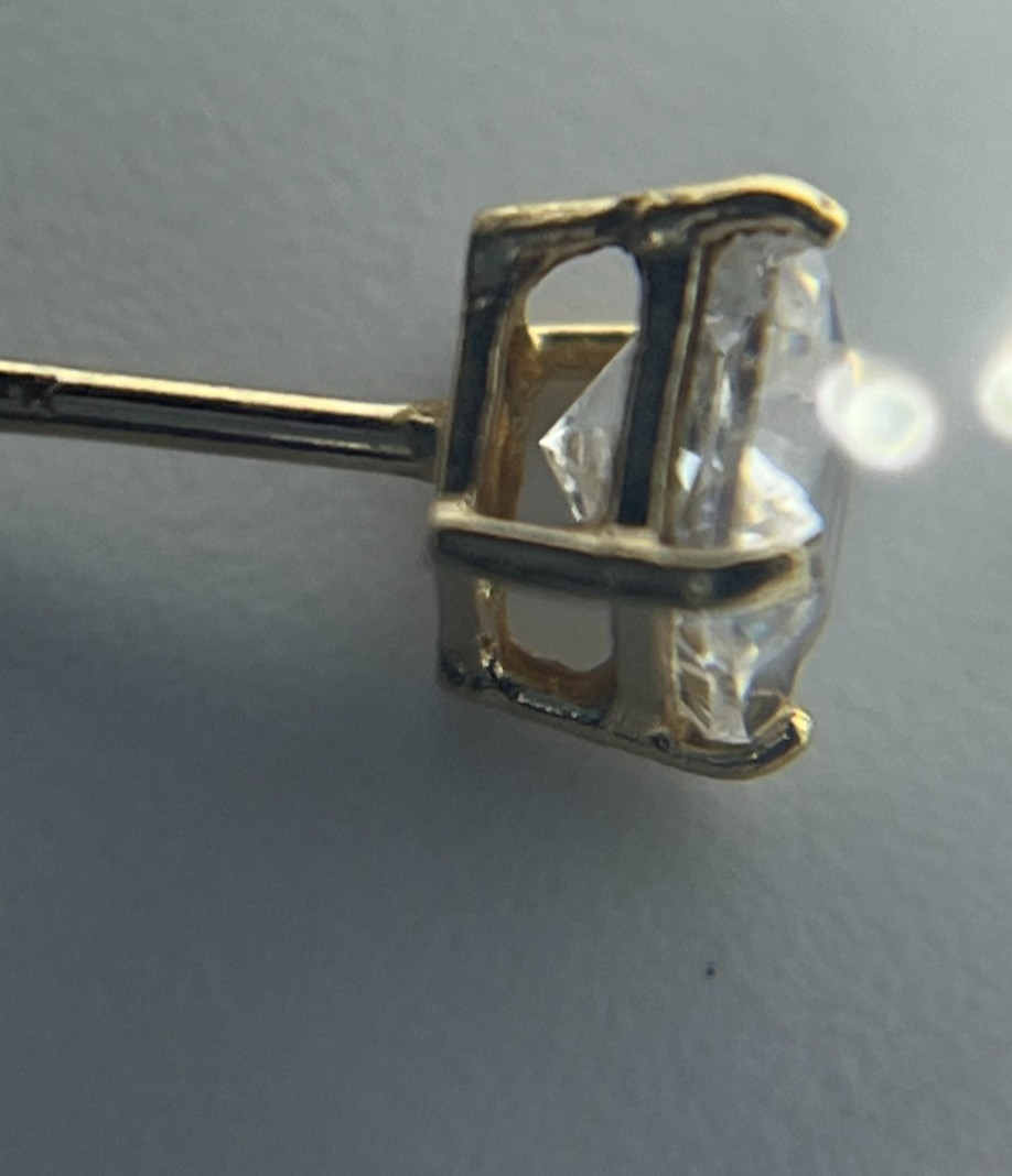 14K Gold Princess Cut CZ Solitaire Stud Earring Single Replacement 14K Post