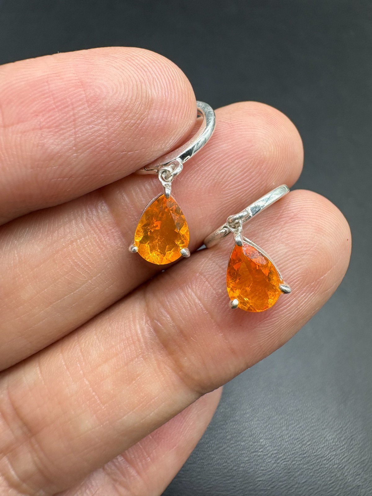 Mexican Fire Opal Dangle Drop Earrings in 925 Silver