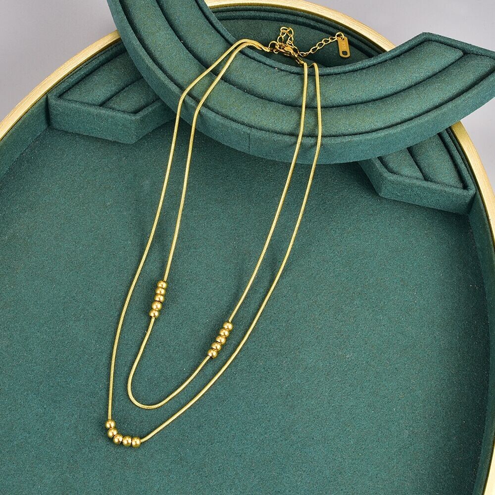 Woman 18K Gold Plated Stainless Steel Beaded 2 Layers Snake Chain Necklace