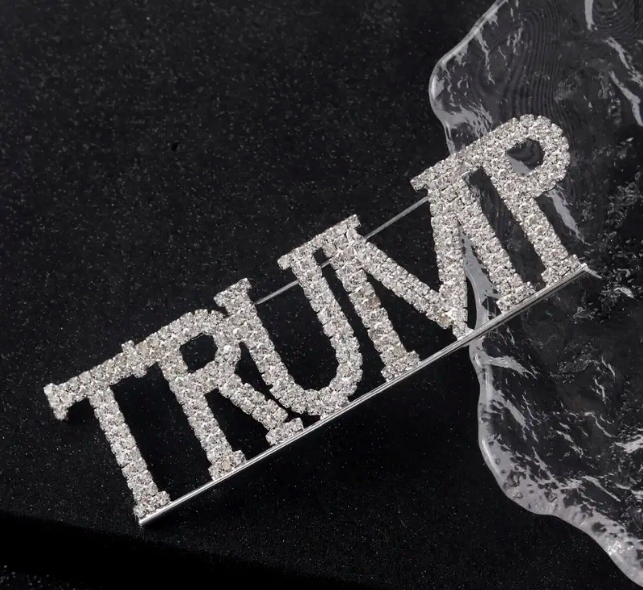 TRUMP MAGA Republican GOP Sparkly BLING Rhinestone Crystals Silver BIG BroochPin